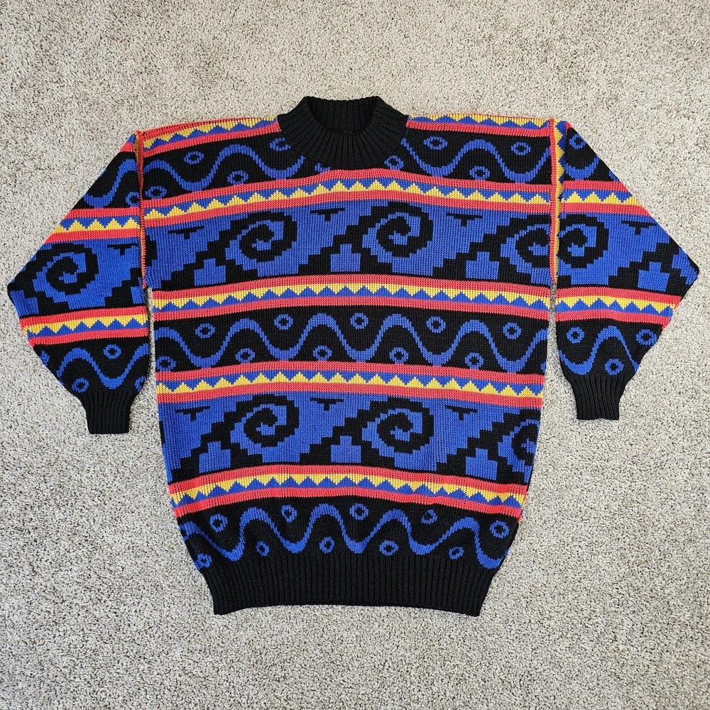 Vtg Jonathan Cass Sweater Womens Large Blue Black Red Abstract Knit 80s Acrylic